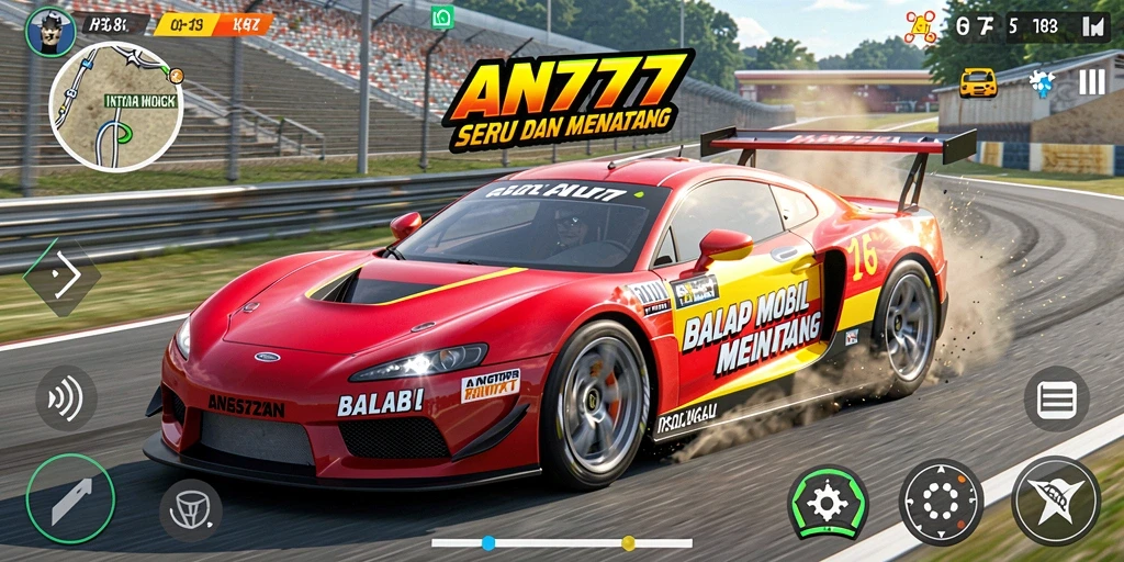 Tangkapan layar gameplay AN777 yang menunjukkan aksi balap mobil yang mendebarkan.
