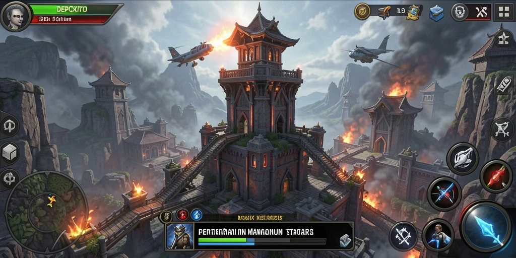 Screenshot gameplay DEPOXITO menampilkan aksi menara yang mendebarkan.