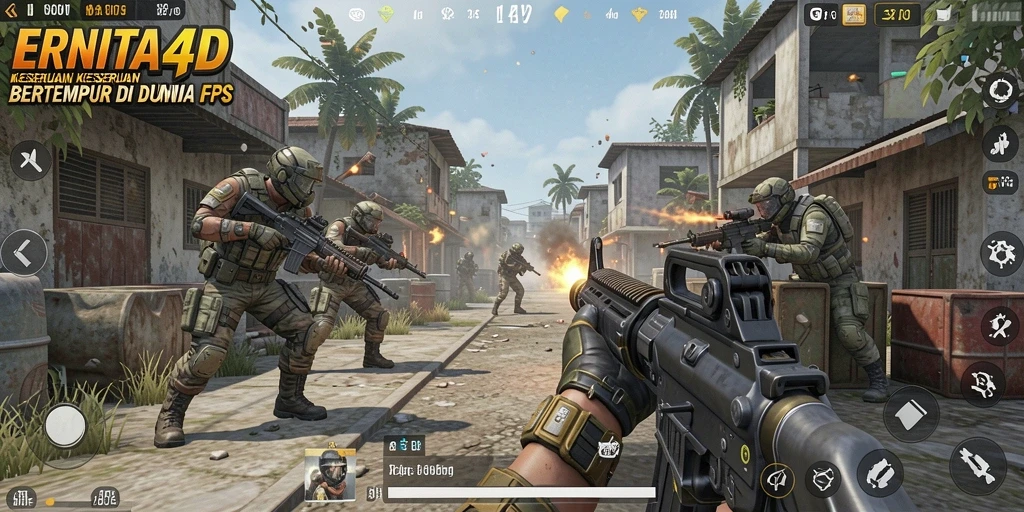 Tangkapan layar gameplay ERNITA4D yang menunjukkan aksi tembak-menembak yang mendebarkan.