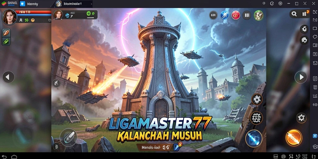 Tampilan gameplay LIGAMASTER77 yang spektakuler dengan menara dan musuh.