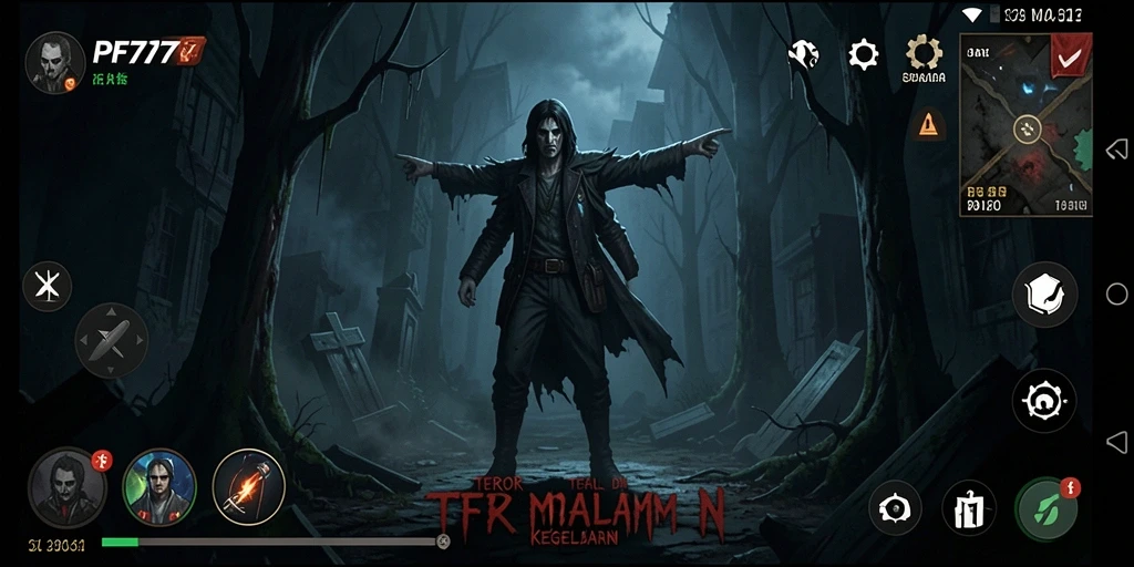 Screenshot gameplay PF777 yang menunjukkan suasana menyeramkan dan menegangkan.