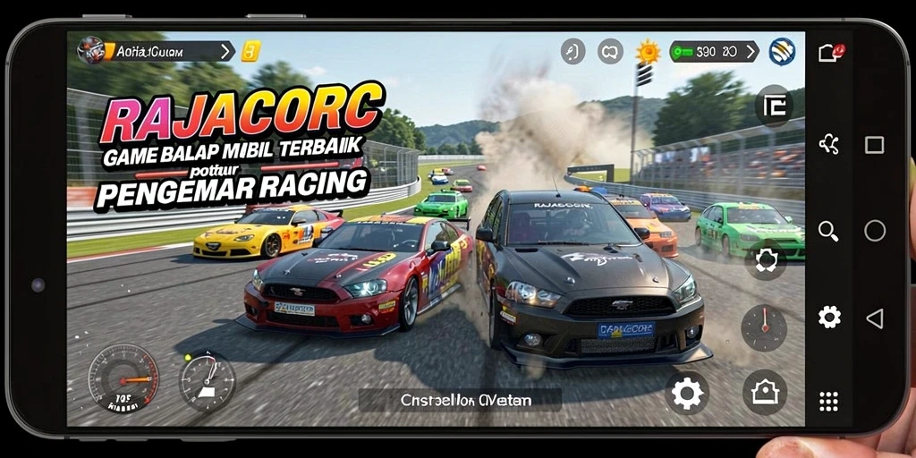 Screenshot utama RAJACORC menampilkan aksi balapan mobil yang mendebarkan.