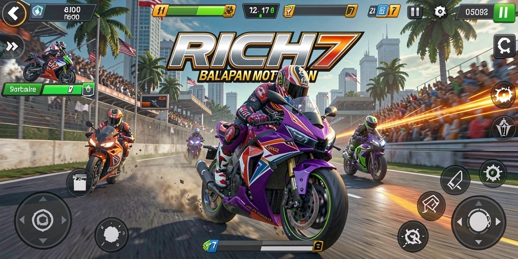 Screenshot gameplay RICH7 menunjukkan aksi balapan motor yang mendebarkan.