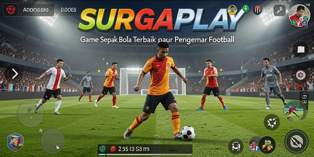 Tampilan screenshot utama <strong>SURGAPLAY</strong> menampilkan aksi sepak bola yang intens.