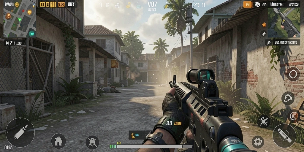 Screenshot utama V07 menampilkan aksi gameplay FPS yang intens.